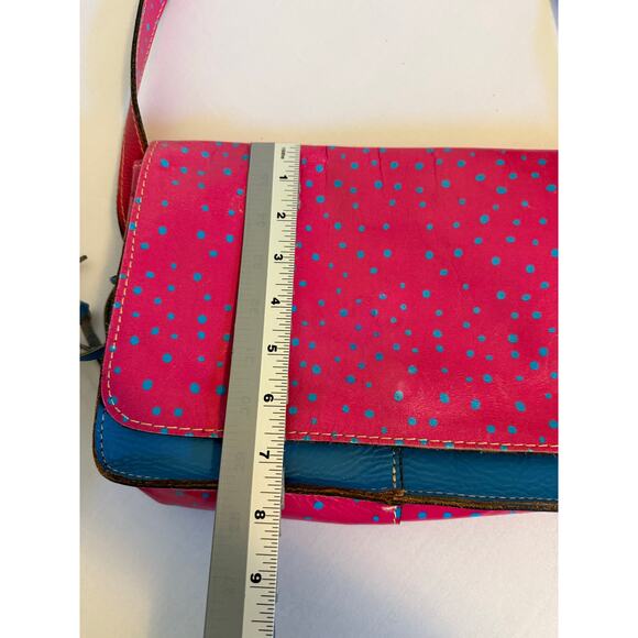 Patricia Nash Italian Leather Boho Chic Hot Pink Blue Polka Dot Crossbody Bag - Picture 14 of 16